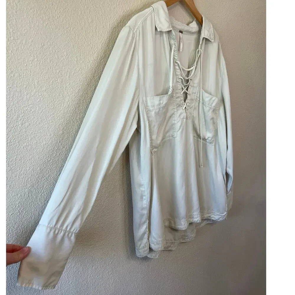 Free People Boho Minimalist Collared Long Sleeve Lace up Neckline Tunic Large